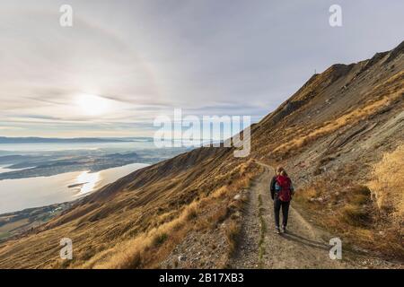 Woman hiking at Roys Peak, Lake Wanaka, New Zealand Stock Photo
