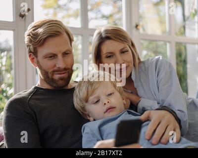 Family using cell phone in sunroom at home Stock Photo