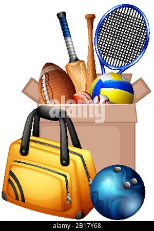 Cardboard box full of sport equipments on white background illustration Stock Vector