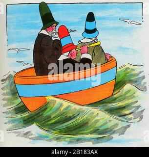 Three wise men of Gotham Went to sea in a bowl, The Real Mother Goose Nursery Rhyme Illustration by Blanche Fisher Wright circa 1915 Stock Photo