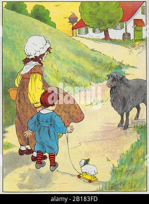 Baa Baa, black sheep, Have you any wool? Yes, marry, have I, Three bags full - The Real Mother Goose Nursery Rhyme Illustration  Blanche Fisher Wright Stock Photo