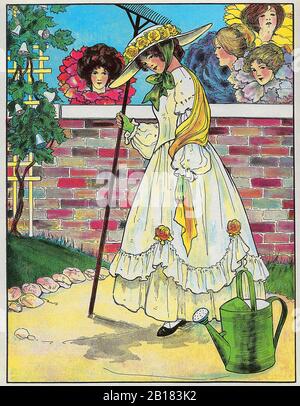 Mary, Mary, quite contrary, How does your garden grow? - The Real Mother Goose Nursery Rhyme Illustration by Blanche Fisher Wright circa 1915 Stock Photo