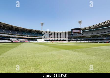 A player height or ground level view of Australia's largest stadium, the Melbourne Cricket Ground (MCG) being prepared for a cricket test match Stock Photo