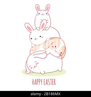 Happy Easter card with cute family of bunnies. Isolated on white background. Four funny cartoon rabbits in pyramid composition. Vector illustration EP Stock Vector