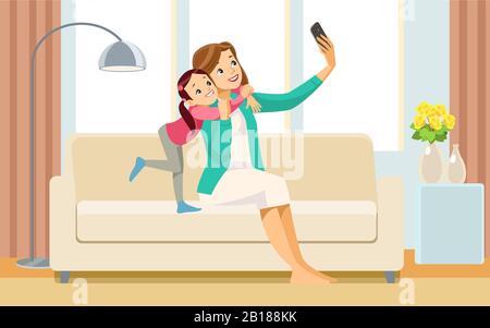 Family selfie. Beautiful school girl and her mom are hugging, doing selfie using a smart phone and smiling while playing at home. Concept motherhood Stock Vector