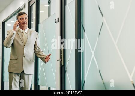 Serious mature businessman walking in office corridor and talking on phone with colleague or client Stock Photo