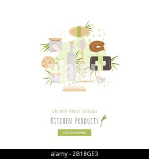 Vector set of kitchen, household and house cleaning Zero Waste Products. Lunch box, glass package, reusable bags, cutlery and householding brushes Stock Vector