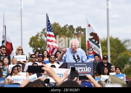 SANTA ANA, CALIFORNIA - 21 FEB 2020: Bernie Sanders speaks to supporters at an outdoor rally in Santa Ana. Stock Photo