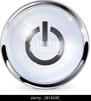 Power button. White glass button with chrome frame Stock Vector
