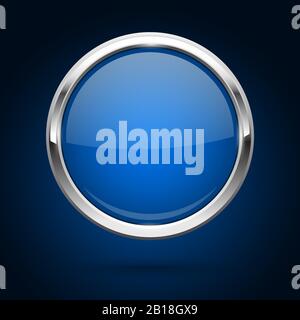Blue glass button with metal frame. Round icon on dark background Stock Vector