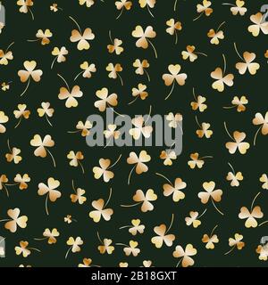 Seamless Saint Patricks Day pattern. Golden clover leaves on a white background. Realistic vector illustration, traditional folk holiday symbols or Stock Vector