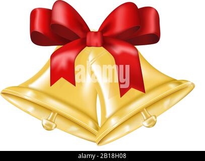 Golden Christmas bells with red bow and Holly berries isolated on white ...