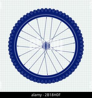 Bicycle wheel. Blue icon on lined paper background Stock Vector