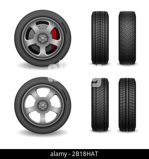 Realistic vector wheel and tires set. Car tires with different tread marks. Vector wheel with brake gear isolated on white. vector illustration Stock Vector