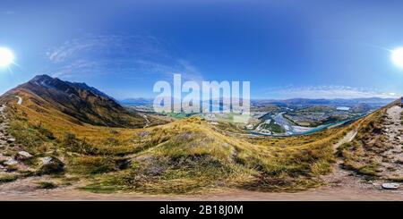 360 degree panoramic view of Queenstown, Lake Wakatipu, South Island, New Zealand. Frankton, Shotover and Kamarau River in foreground.