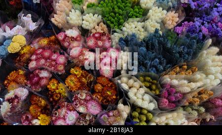 A variety of colorful flowers wrapped in transparent wrappers. View from above. Stock Photo