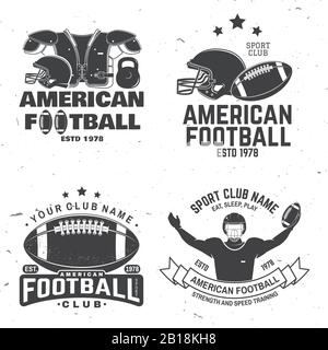 Set of american football or rugby club badge. Vector for shirt, logo, print, stamp, tee, patch. Vintage design with american football sportsman player, helmet, ball and shoulder pads silhouette Stock Vector