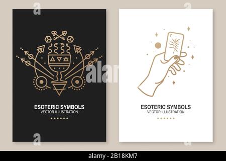 Gold esoteric symbols. Vector illustration. Thin line geometric badge. Outline icon for alchemy or sacred geometry. Mystic and magic design with hand, cup with snakes and and moon Stock Vector