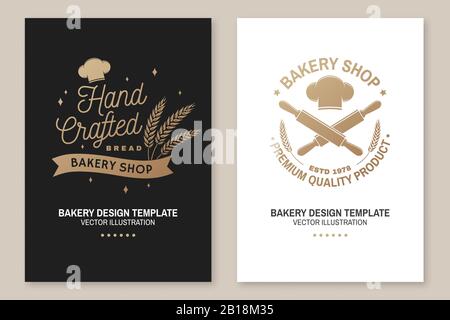 Set of Bakery shop badge. Vector illustration. Concept for poster, flyer, bakery template. Design with chef hat , rolling pin, dough, wheat ears silhouette. For frames, packaging Stock Vector