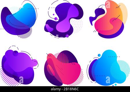 Colorful abstract shapes. Saturated fluid gradients flux, organic shape with lines and dotted patterns vector background elements Stock Vector