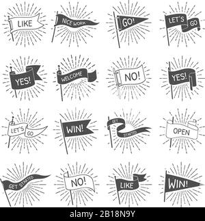 Vintage flag banner. Hand drawn retro flags welcome, lets go and get started scroll banners with starburst rays isolated vector set Stock Vector