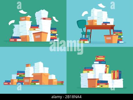 Office paper documents. Work papers pile, document folders and paperwork documentation files stack cartoon vector illustration set Stock Vector