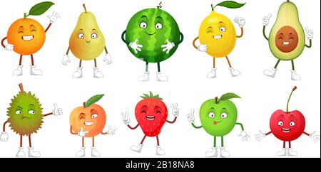 Cartoon fruit character. Happy fruits mascot funny durian, smiling apple and pear. Healthy fresh food vector illustration set Stock Vector