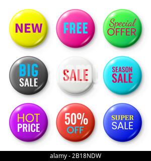 Sale badges buttons. Special offer shop button, red new badge and season sale sticker circle isolated vector set Stock Vector