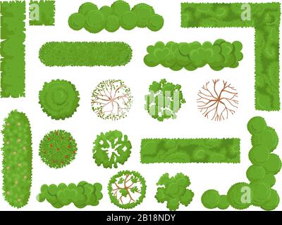 Top view trees and bushes. Forest tree, green park bush and plant map elements look from above isolated vector set Stock Vector