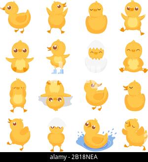 Yellow duckling. Cute duck chick, little ducks and ducky baby isolated cartoon vector illustration Stock Vector