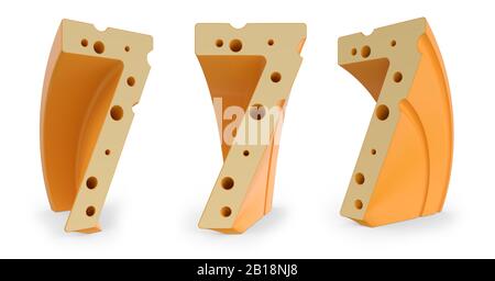 Number 7. Digital sign. Cheese alphabet and font. Set of three view points on white. 3D rendering Stock Photo