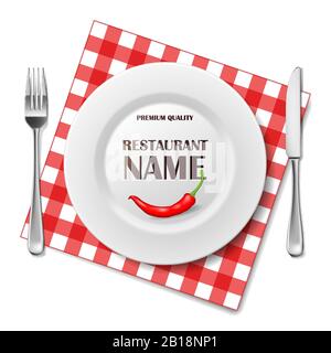 Restaurant realistic advertisement banner or poster. Restaurant menu with plate and cutlery set on napkin isolated on white. vector illustration Stock Vector