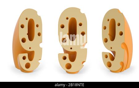 Number 9. Digital sign. Cheese alphabet and font. Set of three view points on white. 3D rendering Stock Photo