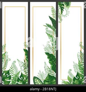 Exotic leaves banner. Tropical monstera leaf, palm branch and vintage hawaii nature plants vertical banners vector background set Stock Vector