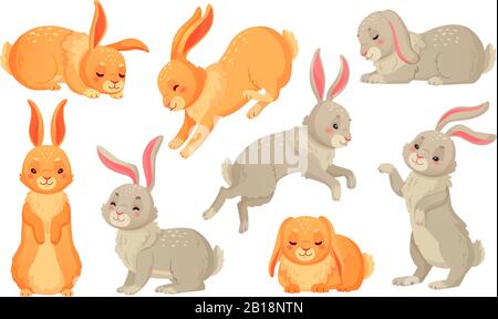 Cartoon bunny. Rabbits pets, easter bunnies and plush little spring rabbit pet isolated vector illustration set Stock Vector