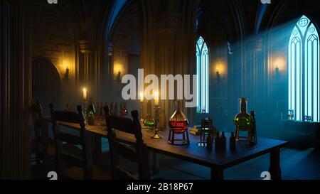 Moonlight shadow in the mysterious gothic alchemist laboratory. 3D illustration. Stock Photo