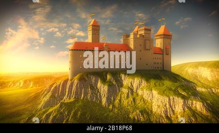 Castle on the rock by golden sunshine. Medieval sunshine with ancient fortress. 3D illustration. Stock Photo