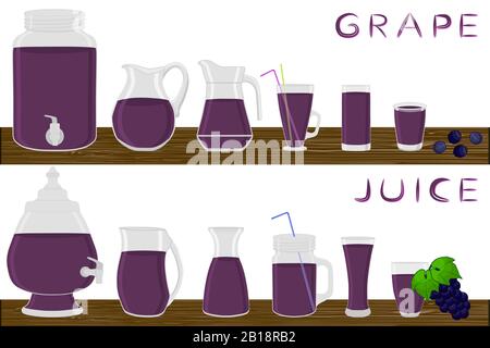 Illustration on theme big kit different types glassware, grape in jugs various size. Glassware consisting of organic plastic jugs for fluid grape. Jug Stock Vector