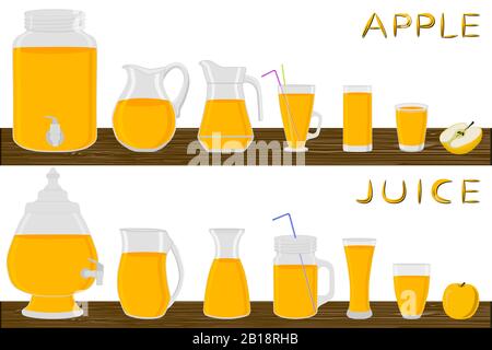 Illustration on theme big kit different types glassware, apple jugs various size. Glassware consisting of organic plastic jugs for fluid apple. Jugs o Stock Vector