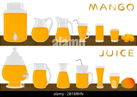 Illustration on theme big kit different types glassware, mango jugs various size. Glassware consisting of organic plastic jugs for fluid mango. Jugs o Stock Vector