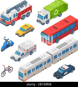 Isometric city transport. Ambulance, police car and fire engine. Subway train, town taxi and public bus. Traffic cars 3d vector set Stock Vector