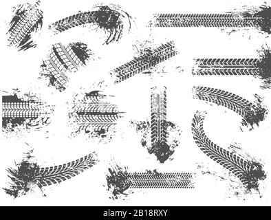 Dirty tire tracks. Grunge motor race track, wheel tires protector pattern and dirt wheels imprint texture vector illustration set Stock Vector