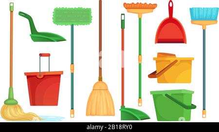 Housework broom and mop. Sweeper brooms, home cleaning mops and cleanup broom with dustpan isolated cartoon vector illustration set Stock Vector