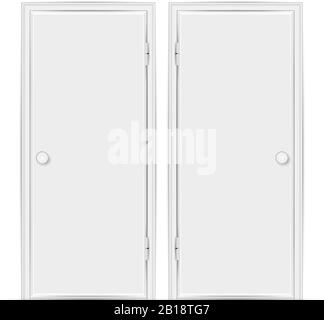 Two realistic empty white closed doors with frames and doorknobs isolated on white. Vector illustration. Stock Vector