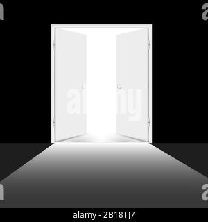 Grand opening illustration, background with open door, light and