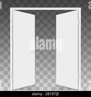 Open double doors isolated on checkered transparent background. Vector illustration. Stock Vector
