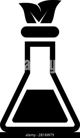 Lab flask with Leaf Inside, Experiment. Flat Vector Icon illustration. Simple black symbol on white background. Lab flask with Leaf Inside Experiment Stock Vector