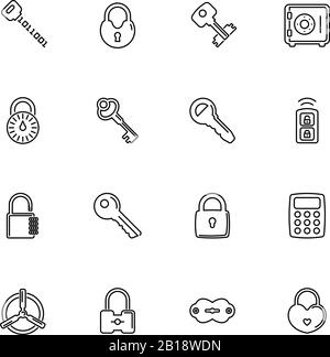 Keys, Locks, Safety Padlock outline icons set - Black symbol on white background. Keys, Locks, Padlock Simple Illustration Symbol - lined simplicity S Stock Vector
