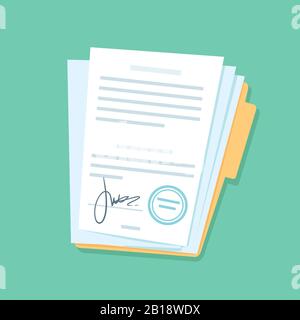 Signed paper documents. Manual signature on important office papers, stamped documentation files in files folder vector illustration Stock Vector