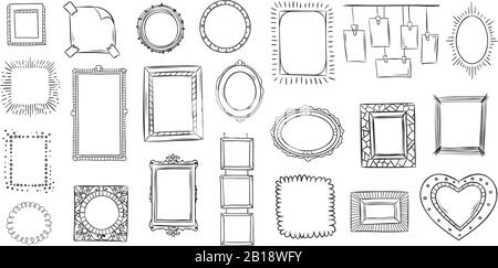 Doodle frames. Hand drawn frame, square borders sketched doodles and picture frame drawing sketch isolated vector illustration Stock Vector